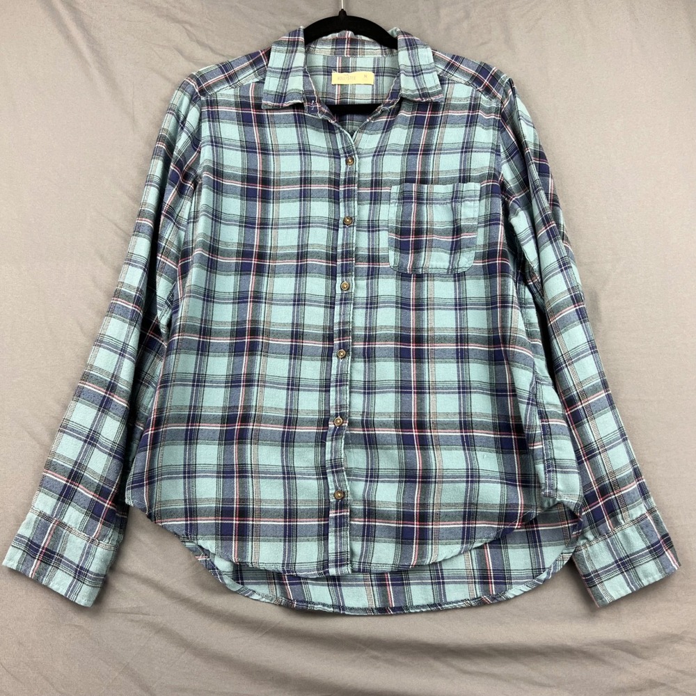 Hollister Plaid Flannel Shirt Womens Medium Blue Green Long Sleeve Button Down